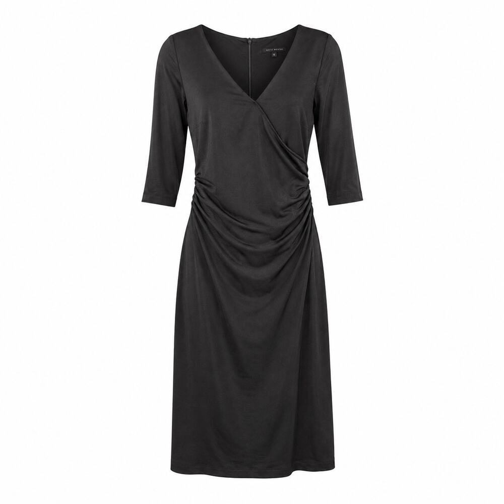 David Meister Black Ruched Faux Wrap Midi Dress Size 6